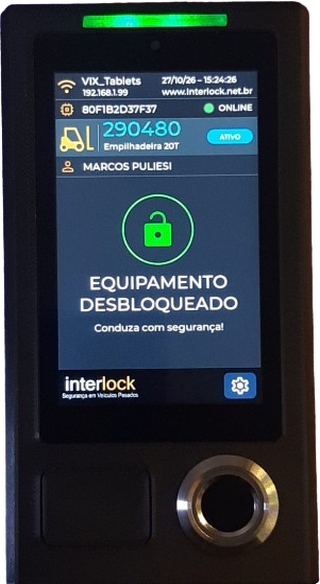 Aparelho Interlock com a tela Equipamento desbloqueado e a luz verde acesa