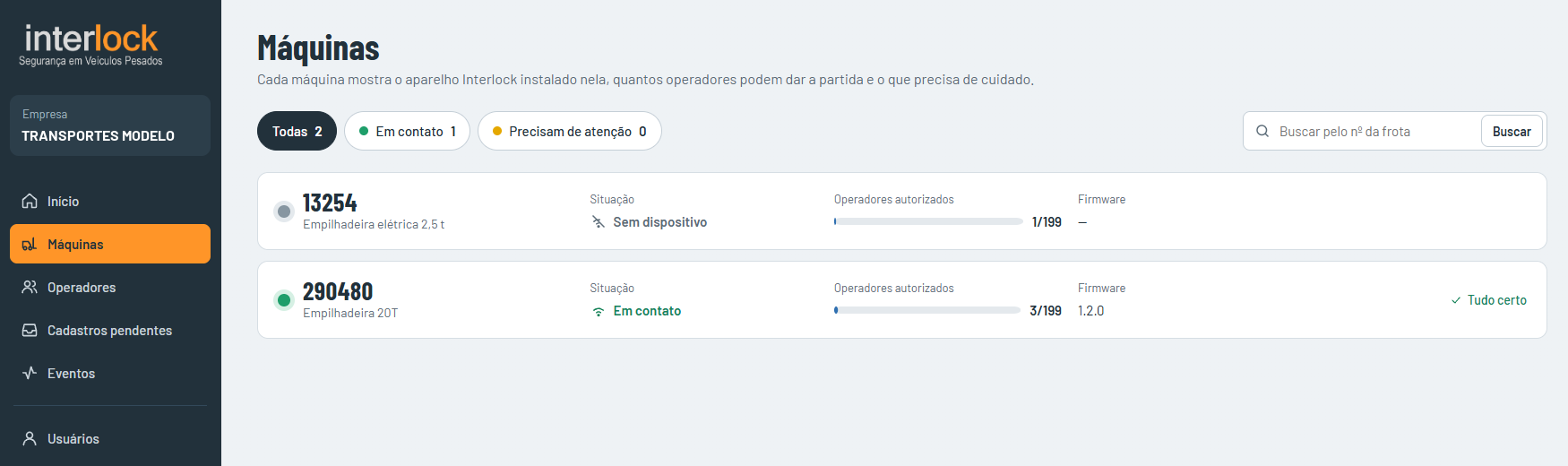 Painel Interlock, tela Máquinas: situação de cada aparelho, operadores autorizados e versão do firmware
